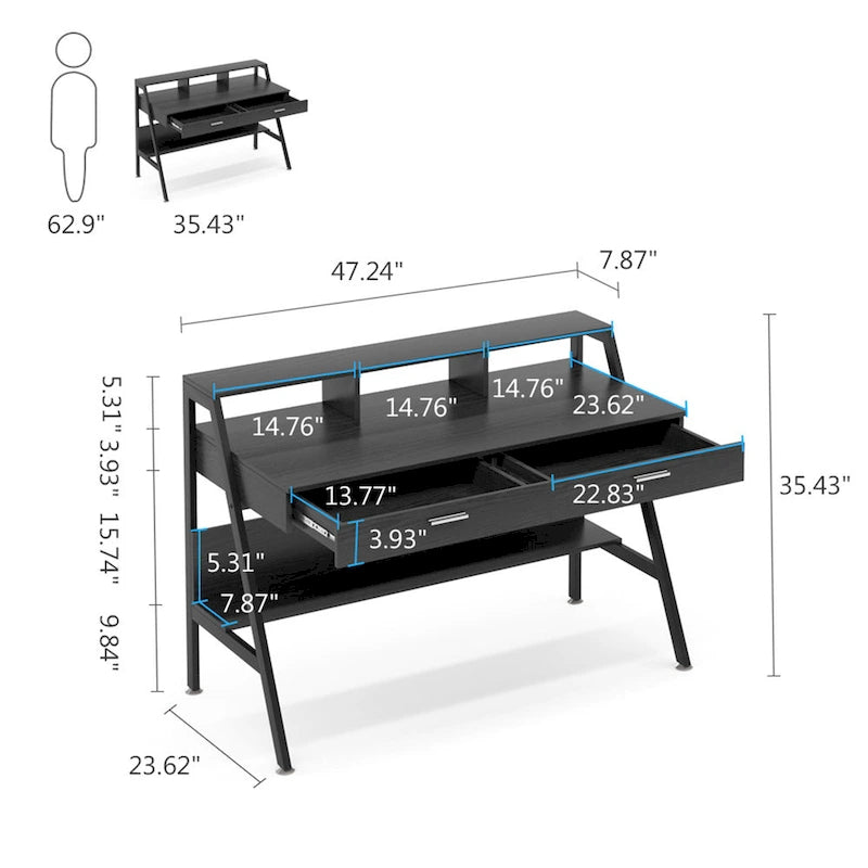 47 Inch Home Office Computer Desk with Monitor Riser Dual Drawers and Storage Shelves