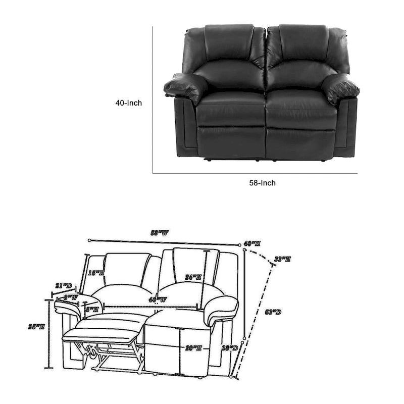 2-Seat Recliner Loveseat in Black Bonded Leather with High Backrest Wide Cushions and Elevated Arms