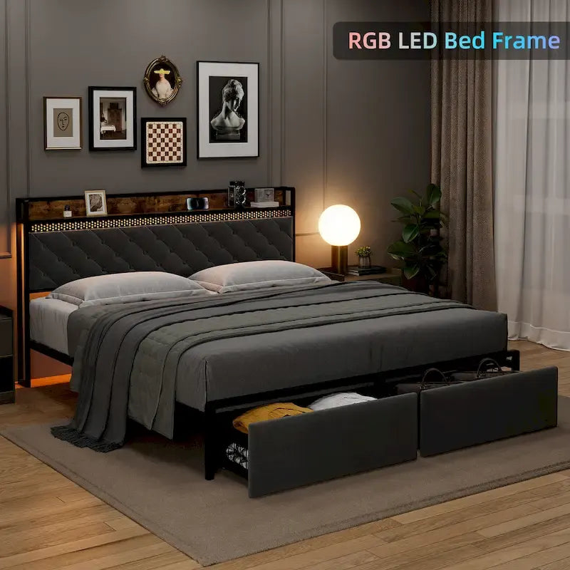 Modern Platform Bed Frame with Tufted Headboard RGB LED Lights and Storage Drawers
