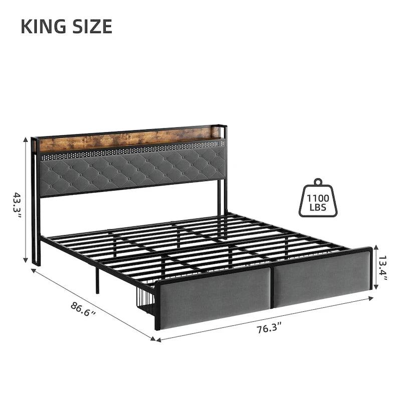 Modern Platform Bed Frame with Tufted Headboard RGB LED Lights and Storage Drawers