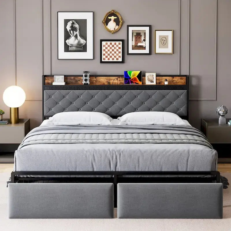 Modern Platform Bed Frame with Tufted Headboard RGB LED Lights and Storage Drawers