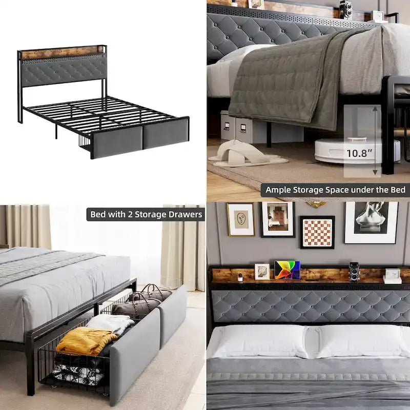 Modern Platform Bed Frame with Tufted Headboard RGB LED Lights and Storage Drawers