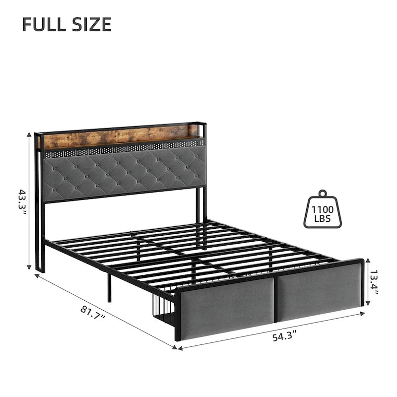 Modern Platform Bed Frame with Tufted Headboard RGB LED Lights and Storage Drawers