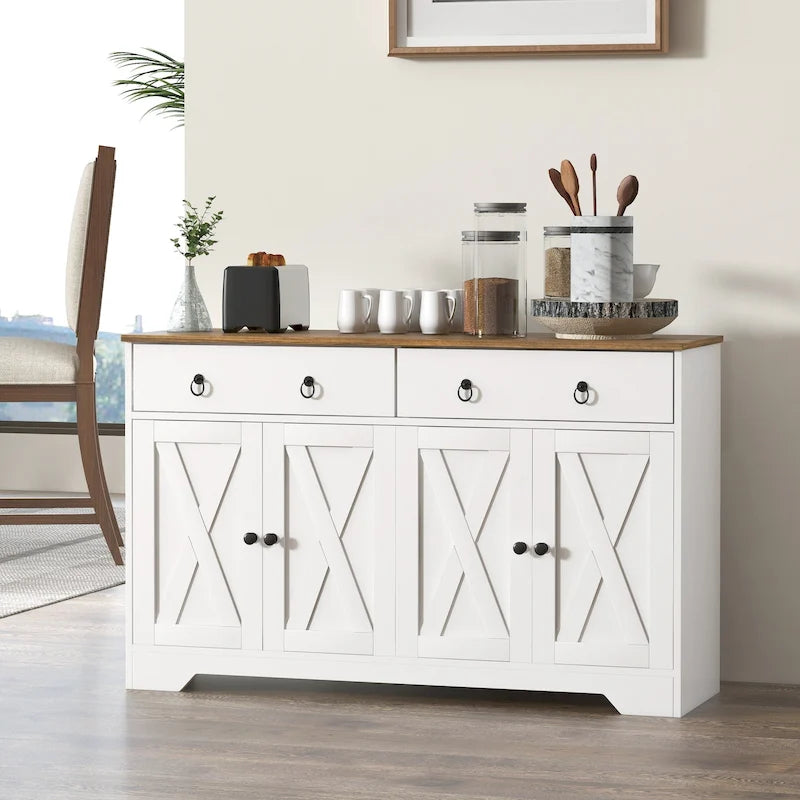Farmhouse Buffet Sideboard Cabinet with 4 Barn-Style Doors 2 Drawers and Adjustable Shelves White