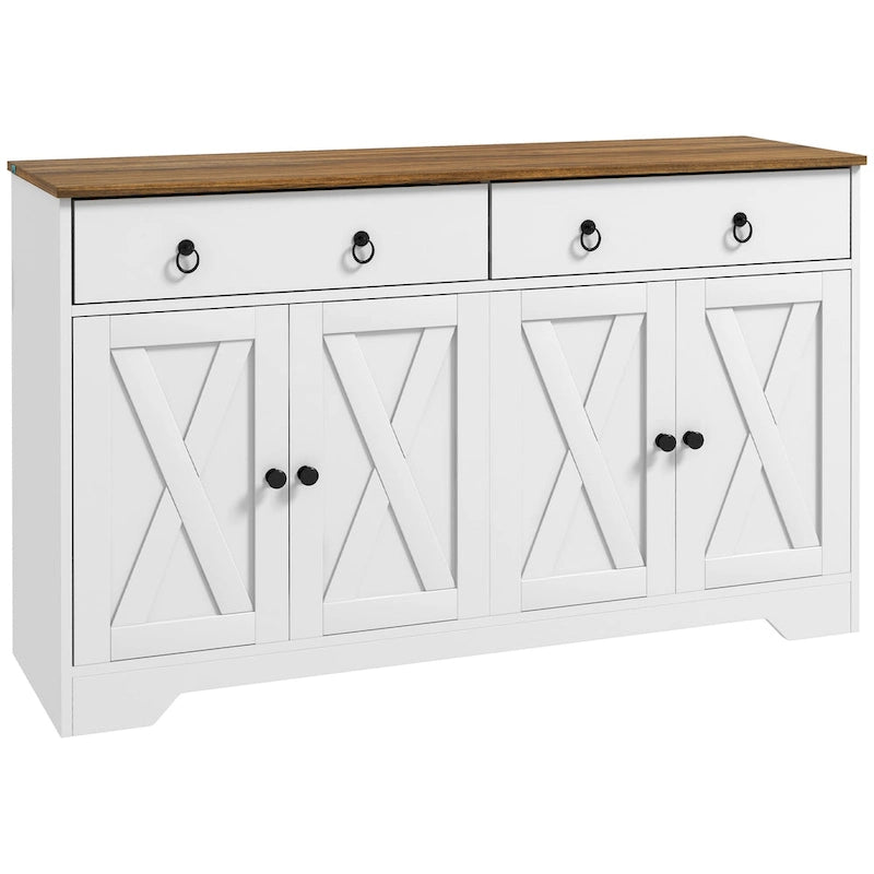 Farmhouse Buffet Sideboard Cabinet with 4 Barn-Style Doors 2 Drawers and Adjustable Shelves White