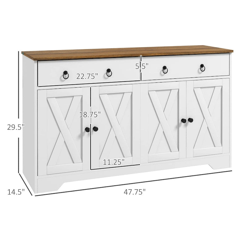 Farmhouse Buffet Sideboard Cabinet with 4 Barn-Style Doors 2 Drawers and Adjustable Shelves White