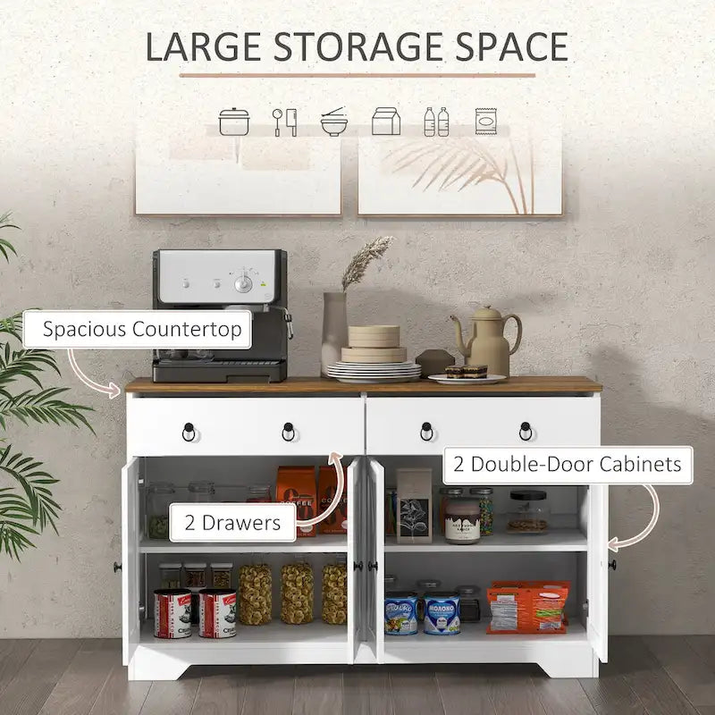 Farmhouse Buffet Sideboard Cabinet with 4 Barn-Style Doors 2 Drawers and Adjustable Shelves White