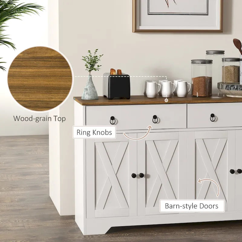 Farmhouse Buffet Sideboard Cabinet with 4 Barn-Style Doors 2 Drawers and Adjustable Shelves White