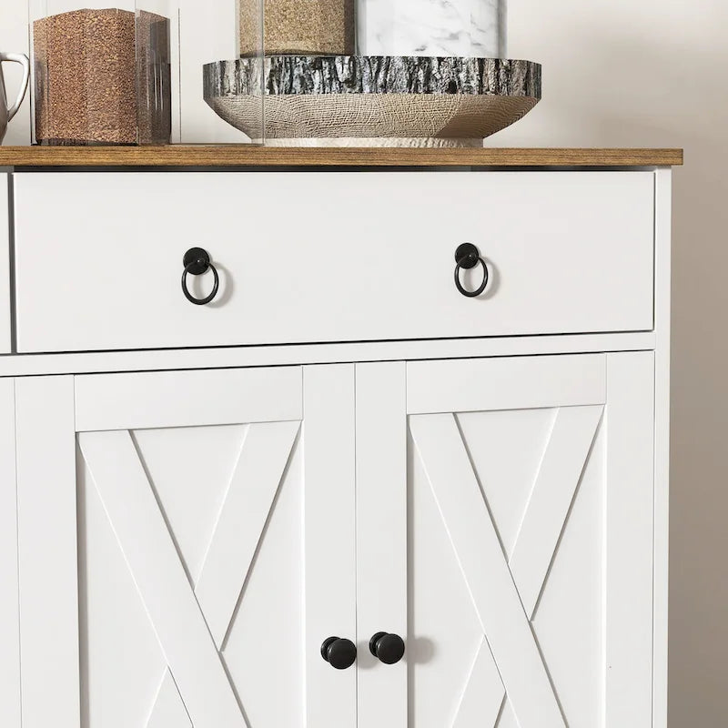 Farmhouse Buffet Sideboard Cabinet with 4 Barn-Style Doors 2 Drawers and Adjustable Shelves White
