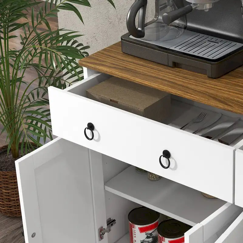 Farmhouse Buffet Sideboard Cabinet with 4 Barn-Style Doors 2 Drawers and Adjustable Shelves White