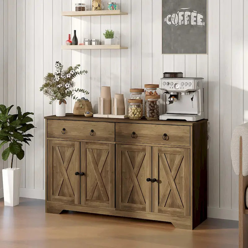 Farmhouse Buffet Sideboard Cabinet with 4 Barn-Style Doors 2 Drawers and Adjustable Shelves White