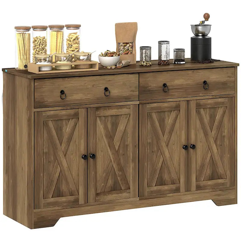 Farmhouse Buffet Sideboard Cabinet with 4 Barn-Style Doors 2 Drawers and Adjustable Shelves White