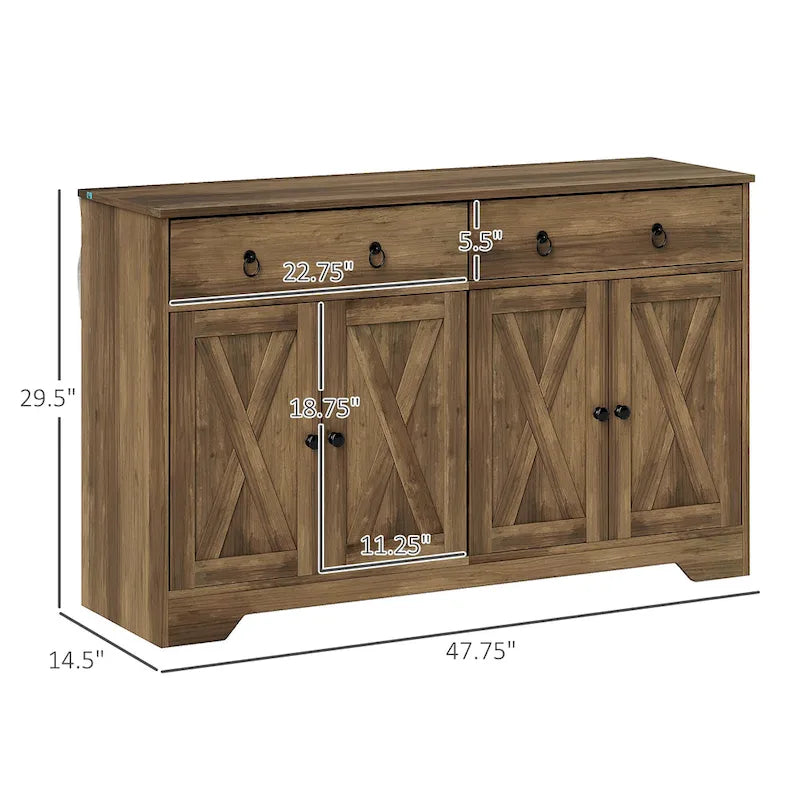 Farmhouse Buffet Sideboard Cabinet with 4 Barn-Style Doors 2 Drawers and Adjustable Shelves White