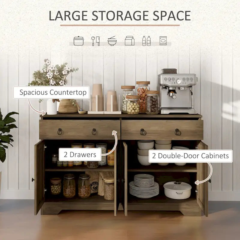 Farmhouse Buffet Sideboard Cabinet with 4 Barn-Style Doors 2 Drawers and Adjustable Shelves White