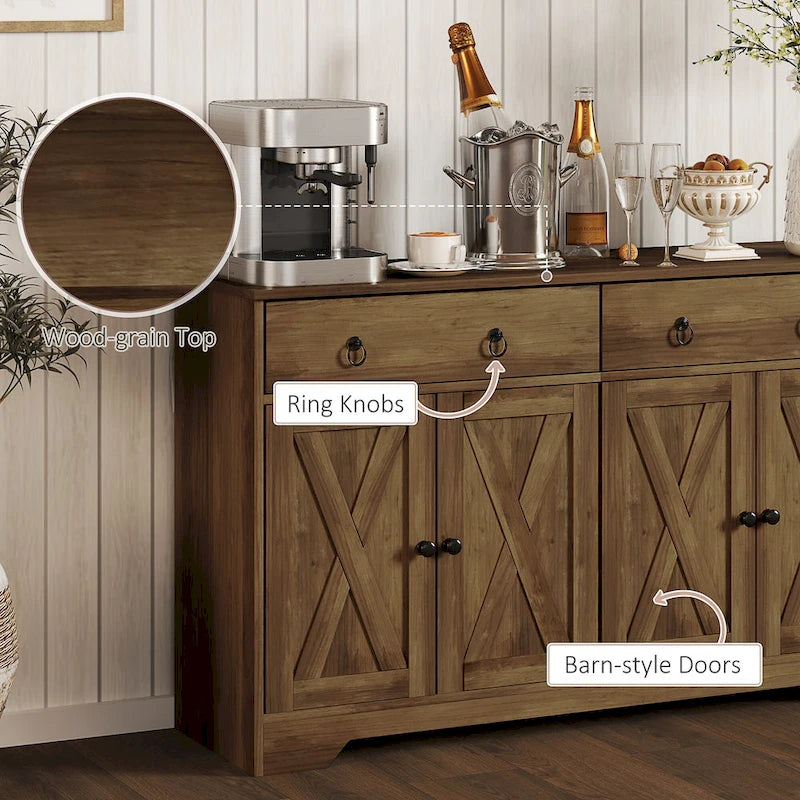 Farmhouse Buffet Sideboard Cabinet with 4 Barn-Style Doors 2 Drawers and Adjustable Shelves White