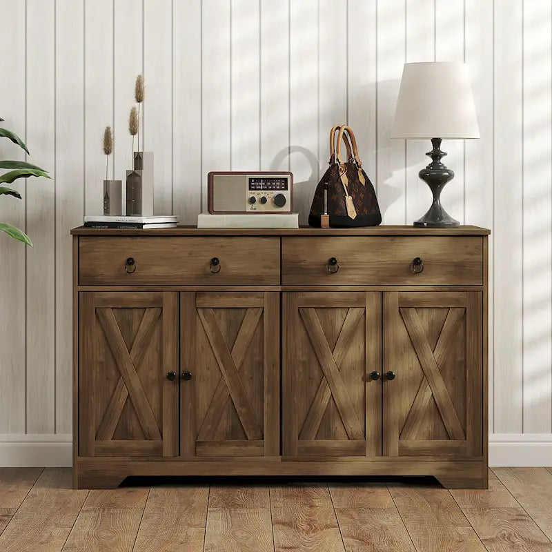 Farmhouse Buffet Sideboard Cabinet with 4 Barn-Style Doors 2 Drawers and Adjustable Shelves White
