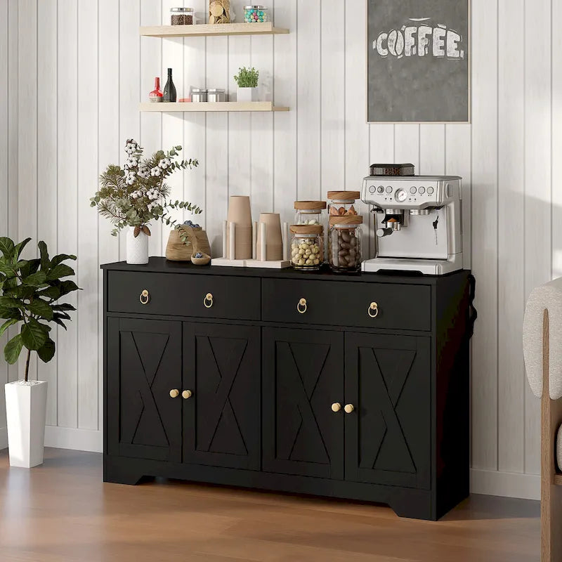 Farmhouse Buffet Sideboard Cabinet with 4 Barn-Style Doors 2 Drawers and Adjustable Shelves White