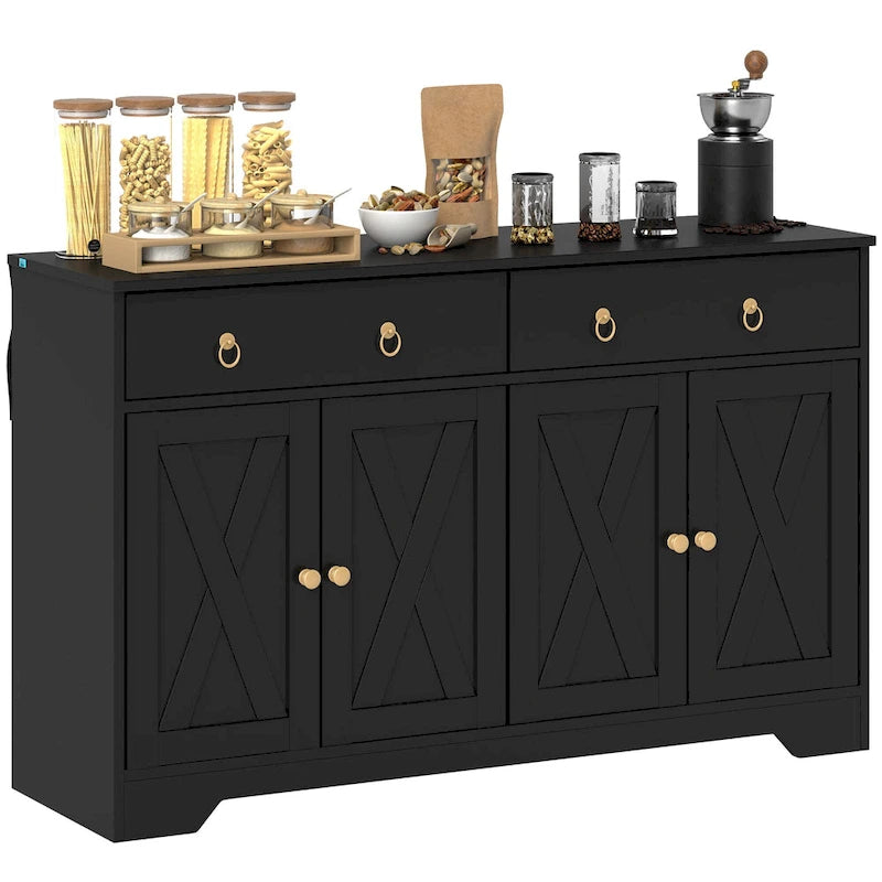 Farmhouse Buffet Sideboard Cabinet with 4 Barn-Style Doors 2 Drawers and Adjustable Shelves White