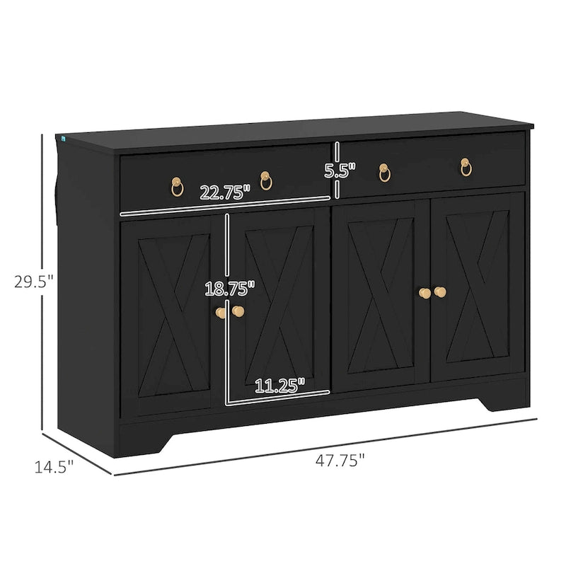 Farmhouse Buffet Sideboard Cabinet with 4 Barn-Style Doors 2 Drawers and Adjustable Shelves White