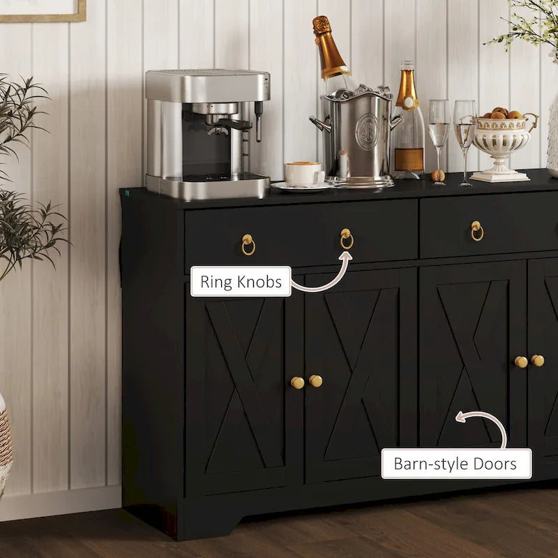 Farmhouse Buffet Sideboard Cabinet with 4 Barn-Style Doors 2 Drawers and Adjustable Shelves White