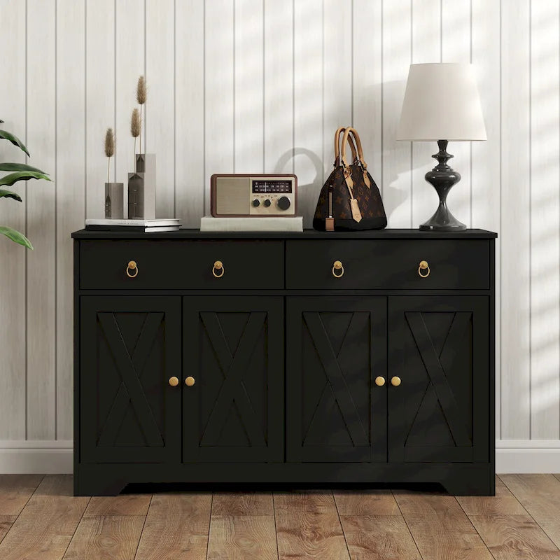 Farmhouse Buffet Sideboard Cabinet with 4 Barn-Style Doors 2 Drawers and Adjustable Shelves White