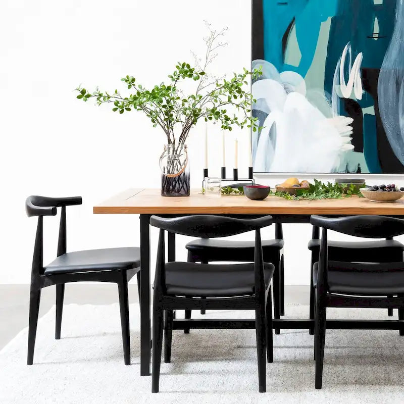 Mid-Century Modern Open-Back Solid Wood Dining Chair with PU Leather Cushion Seat