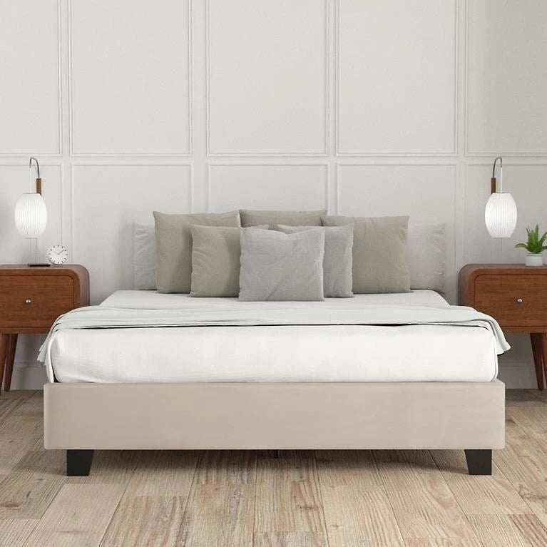 14-Inch Upholstered Platform Bed Frame with Solid Wood Legs and Steel Center Support No Box Spring Needed