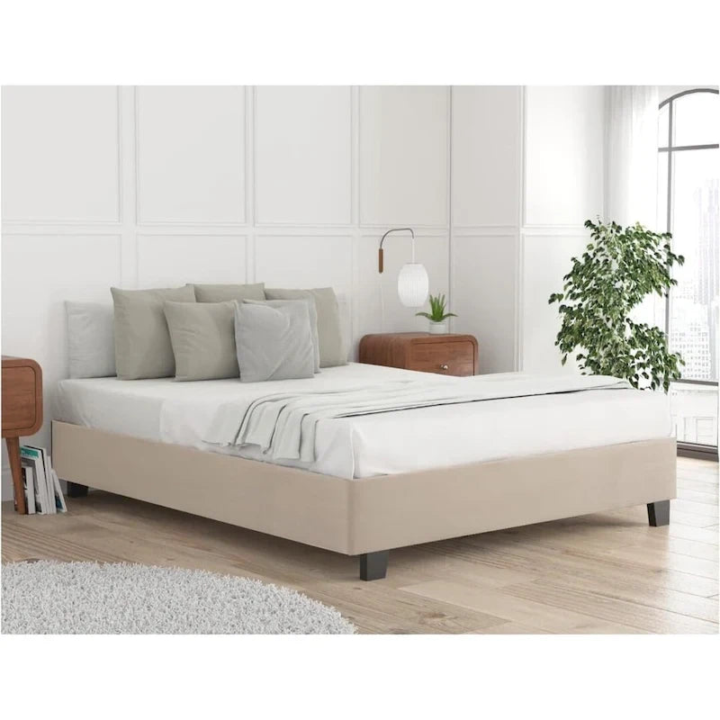 14-Inch Upholstered Platform Bed Frame with Solid Wood Legs and Steel Center Support No Box Spring Needed