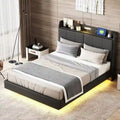 Queen Size Floating Platform Bed Frame with LED Lights Storage Headboard Touch Sensor and USB Ports