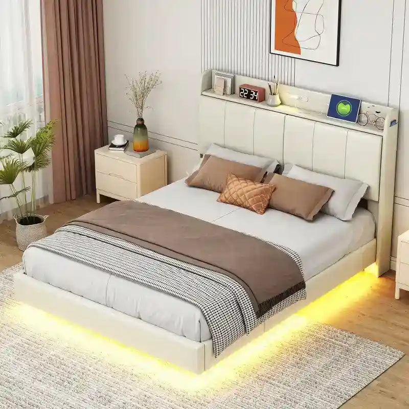 Queen Size Floating Platform Bed Frame with LED Lights Storage Headboard Touch Sensor and USB Ports