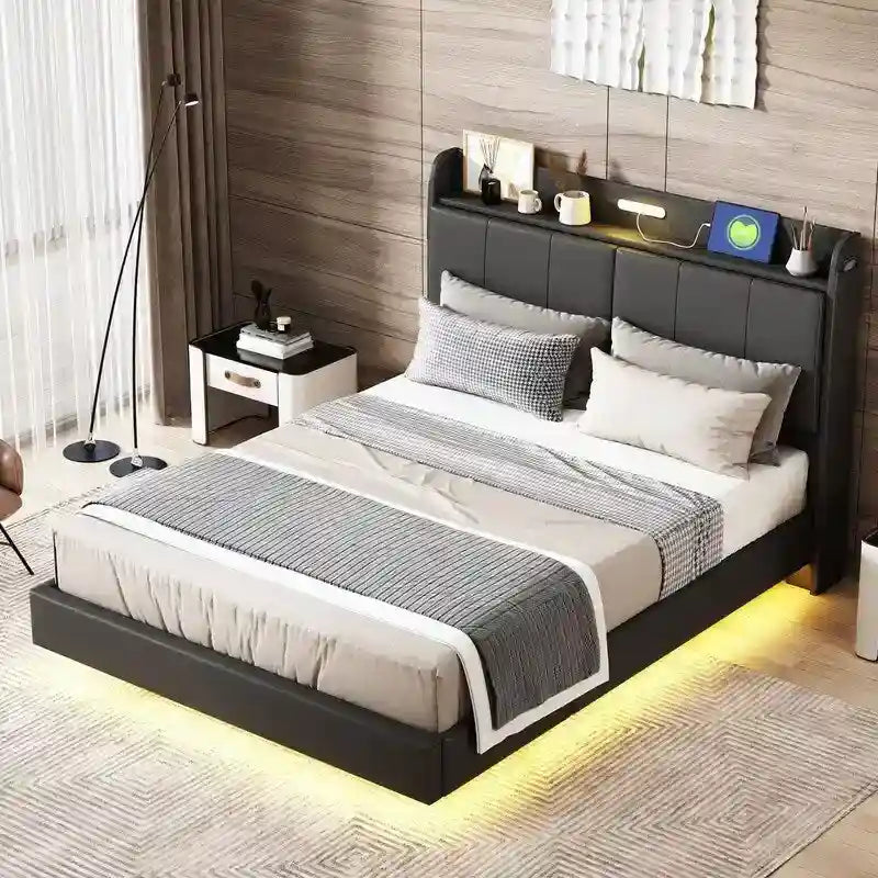 Queen Size Floating Platform Bed Frame with LED Lights Storage Headboard Touch Sensor and USB Ports