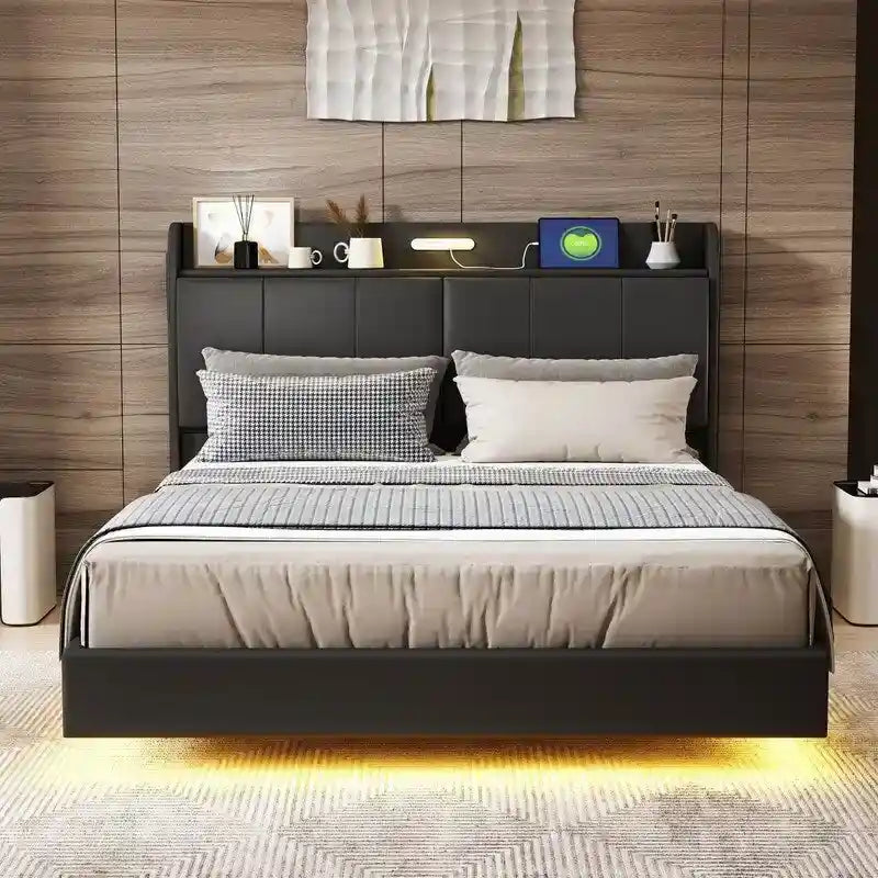 Queen Size Floating Platform Bed Frame with LED Lights Storage Headboard Touch Sensor and USB Ports