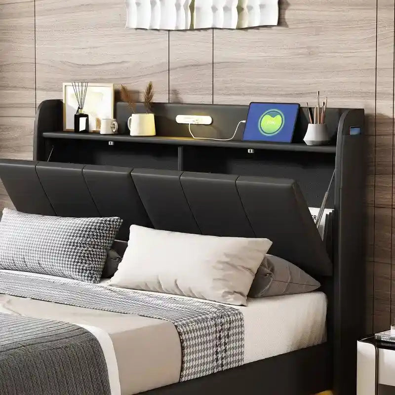 Queen Size Floating Platform Bed Frame with LED Lights Storage Headboard Touch Sensor and USB Ports