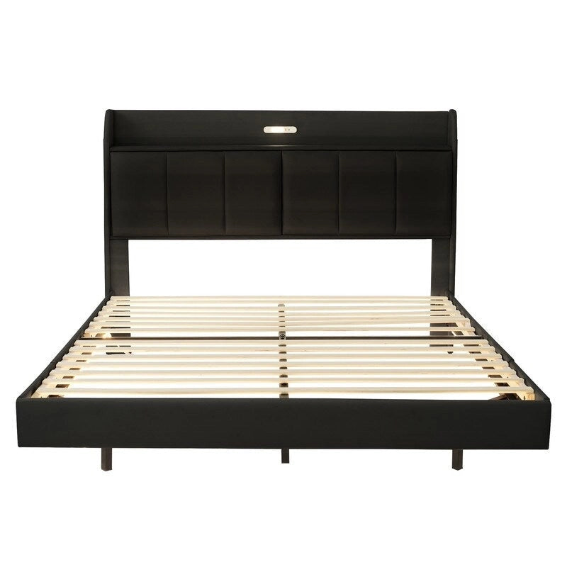Queen Size Floating Platform Bed Frame with LED Lights Storage Headboard Touch Sensor and USB Ports