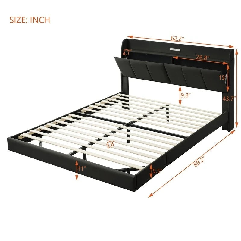 Queen Size Floating Platform Bed Frame with LED Lights Storage Headboard Touch Sensor and USB Ports