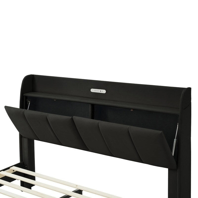 Queen Size Floating Platform Bed Frame with LED Lights Storage Headboard Touch Sensor and USB Ports