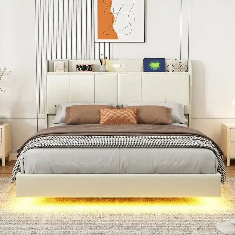 Queen Size Floating Platform Bed Frame with LED Lights Storage Headboard Touch Sensor and USB Ports