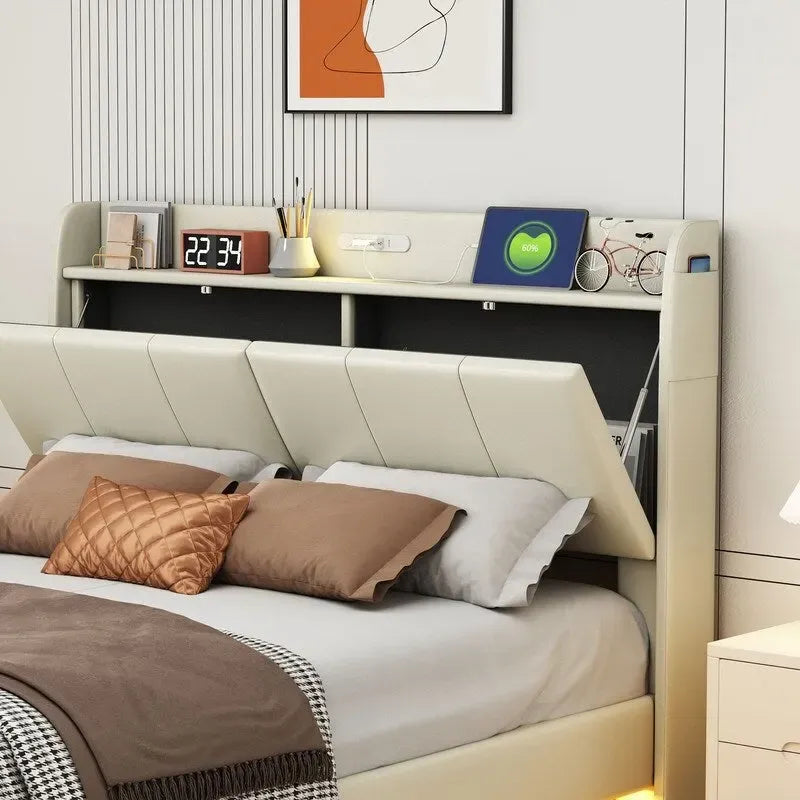 Queen Size Floating Platform Bed Frame with LED Lights Storage Headboard Touch Sensor and USB Ports