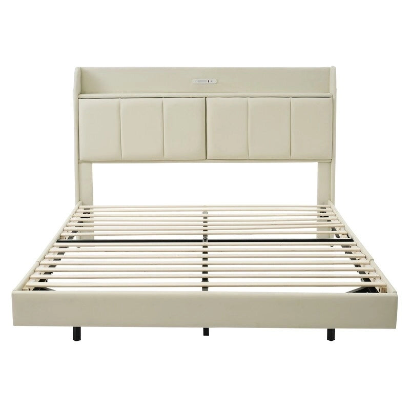 Queen Size Floating Platform Bed Frame with LED Lights Storage Headboard Touch Sensor and USB Ports