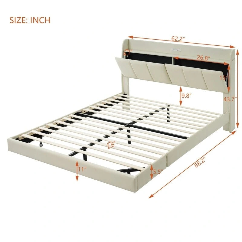 Queen Size Floating Platform Bed Frame with LED Lights Storage Headboard Touch Sensor and USB Ports