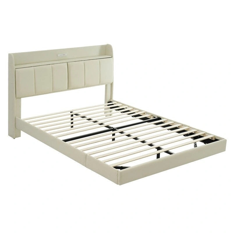 Queen Size Floating Platform Bed Frame with LED Lights Storage Headboard Touch Sensor and USB Ports