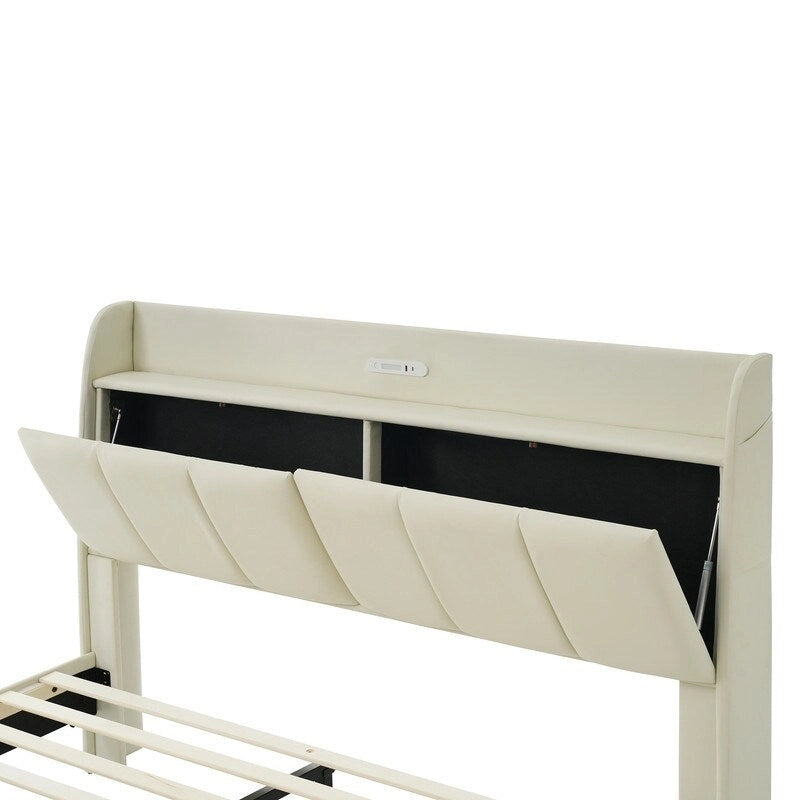 Queen Size Floating Platform Bed Frame with LED Lights Storage Headboard Touch Sensor and USB Ports