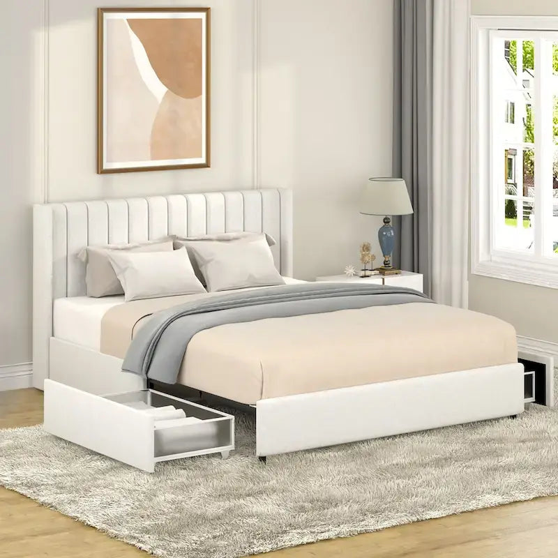 Queen Size Boucle Upholstered Platform Bed with Vertical Tufted Headboard and Storage Drawers in Ivory
