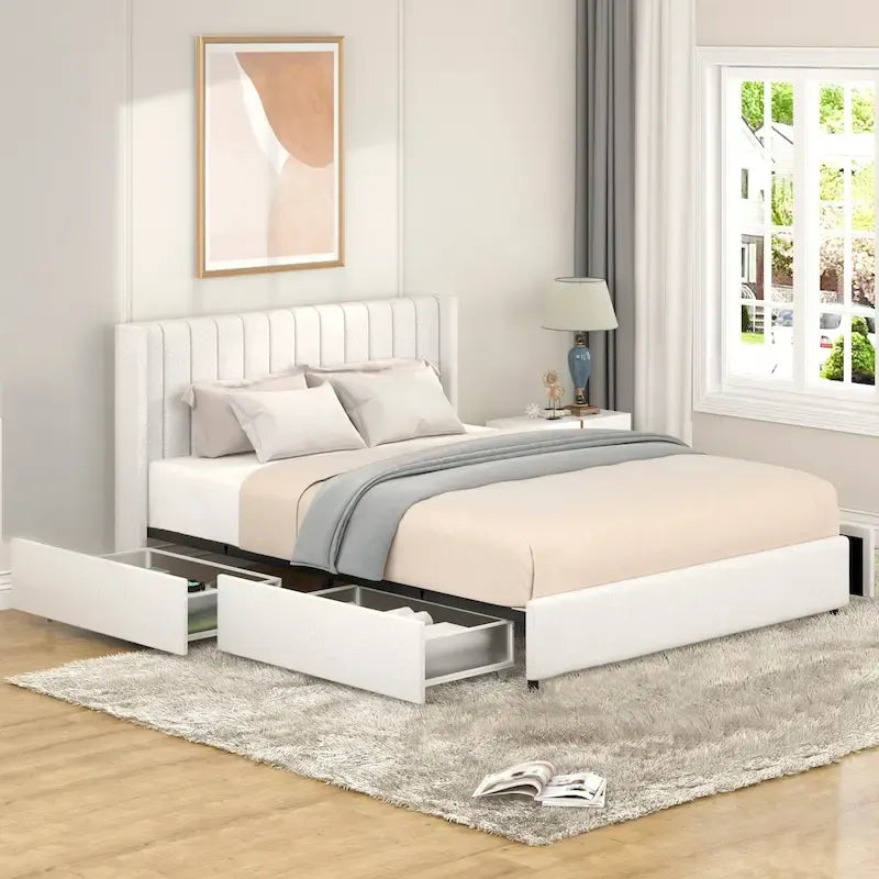 Queen Size Boucle Upholstered Platform Bed with Vertical Tufted Headboard and Storage Drawers in Ivory