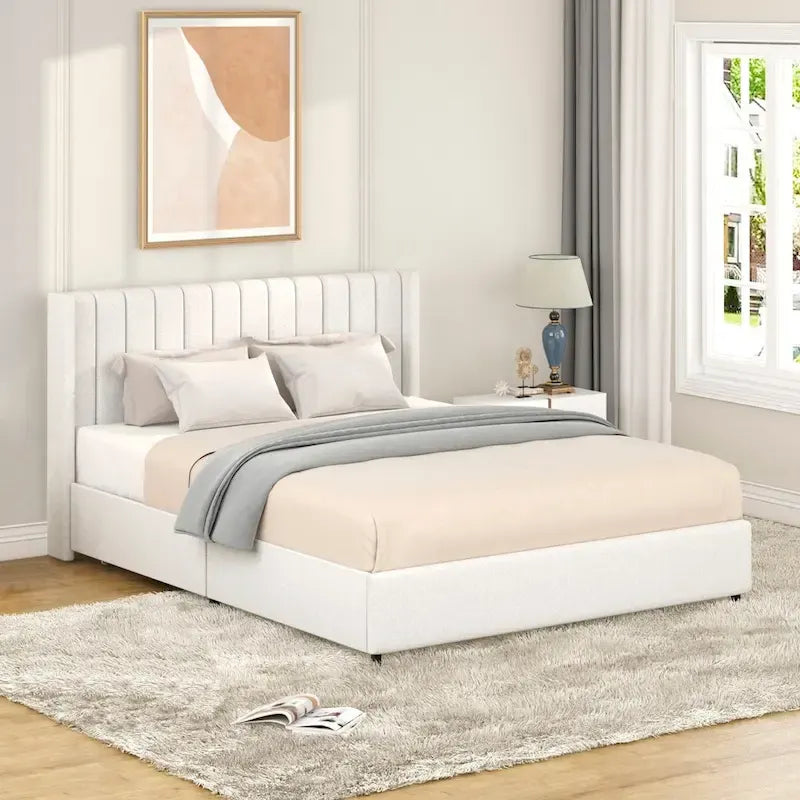 Queen Size Boucle Upholstered Platform Bed with Vertical Tufted Headboard and Storage Drawers in Ivory