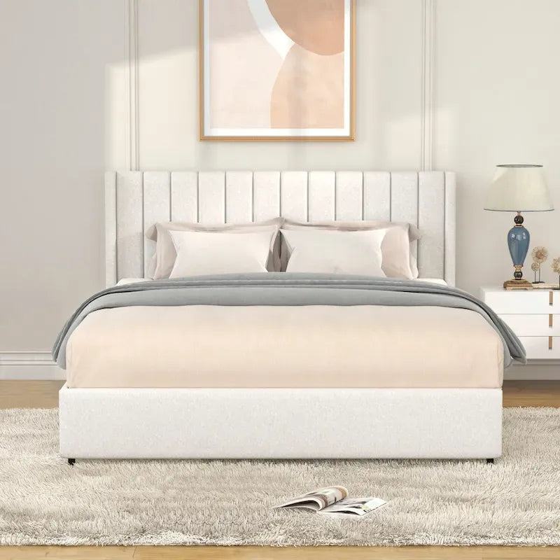 Queen Size Boucle Upholstered Platform Bed with Vertical Tufted Headboard and Storage Drawers in Ivory