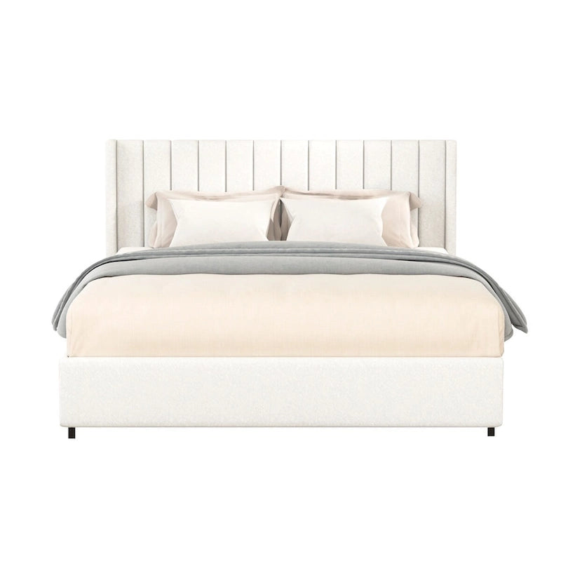 Queen Size Boucle Upholstered Platform Bed with Vertical Tufted Headboard and Storage Drawers in Ivory