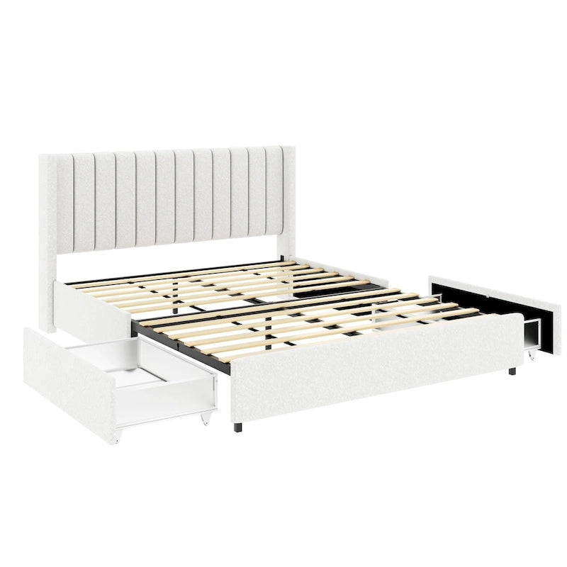 Queen Size Boucle Upholstered Platform Bed with Vertical Tufted Headboard and Storage Drawers in Ivory