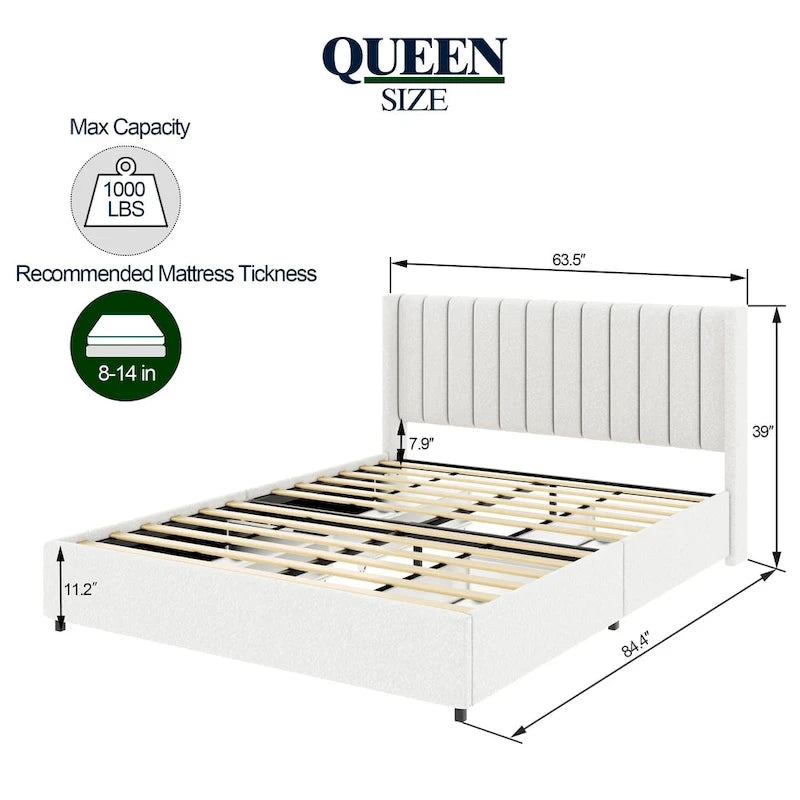 Queen Size Boucle Upholstered Platform Bed with Vertical Tufted Headboard and Storage Drawers in Ivory