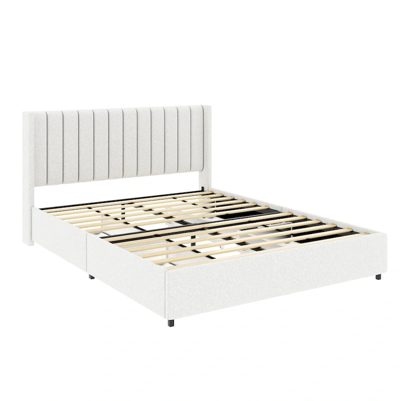 Queen Size Boucle Upholstered Platform Bed with Vertical Tufted Headboard and Storage Drawers in Ivory
